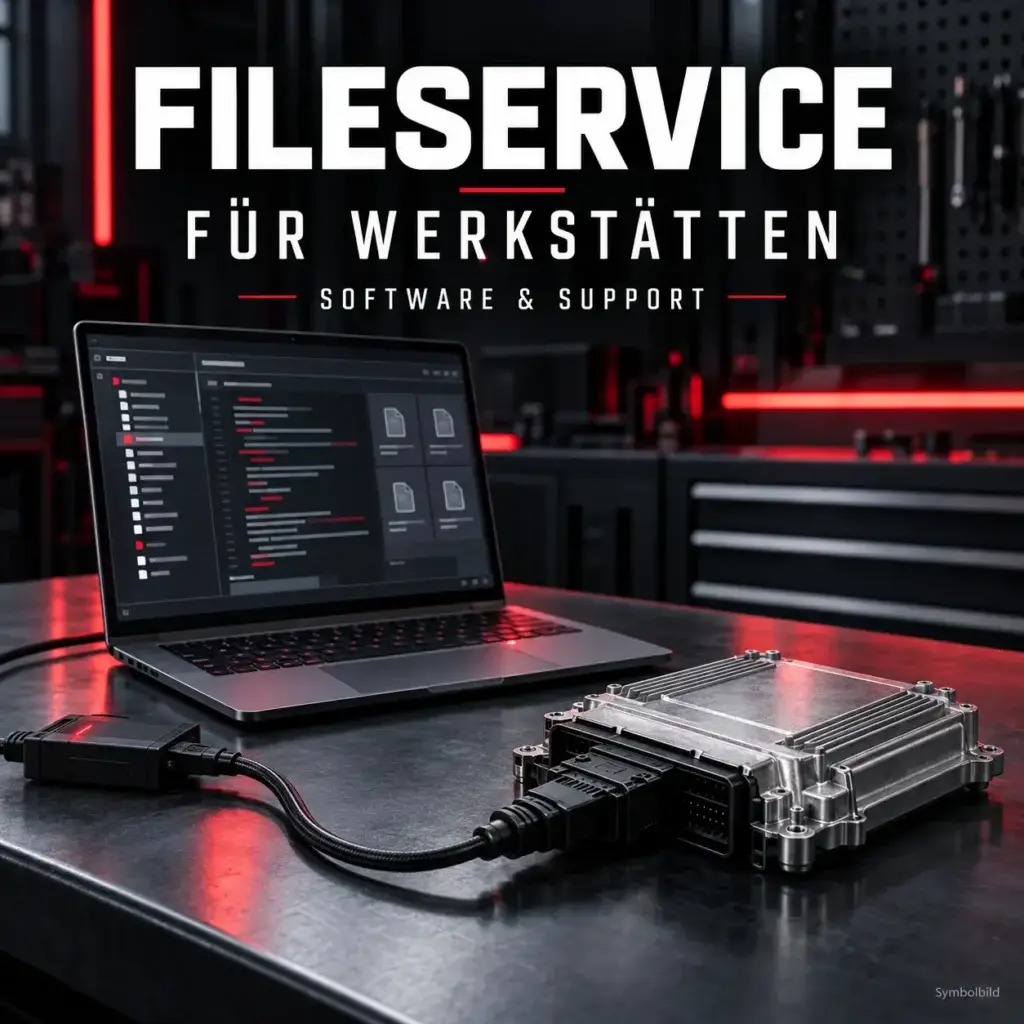 Symbolbild zum Fileservice für Werkstätten – Laptop und Motorsteuergerät